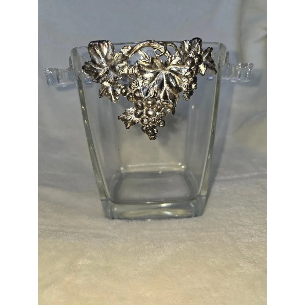 Vintage Arthur Court Ice Bucket w/ Silver Grape Cluster Leaf Metal Applique